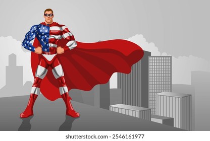 Super-herói muscular em um traje inspirado pelas insígnias dos EUA, de pé heroicamente em cima de um edifício da cidade