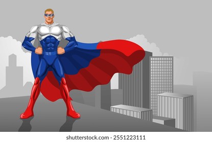 Super-herói muscular em um traje inspirado pelas insígnias da Rússia, de pé heroicamente em cima de um edifício da cidade