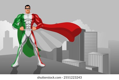 Muscular superhero in a costume inspired by Italy insignia, standing heroically atop a city building