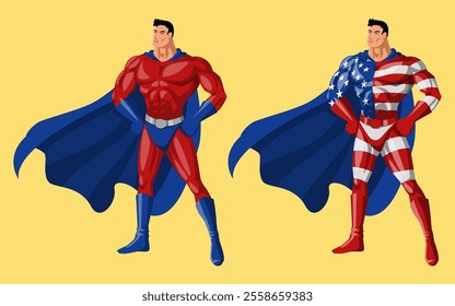 Muscular superhero in a costume inspired by the USA insignia, striking a heroic pose with hands on hips