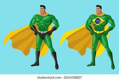 Muscular superhero in a costume inspired by the Brazilian insignia, striking a heroic pose with hands on hips