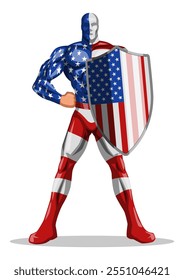 Super-herói muscular usando um traje inspirado nas insígnias dos EUA, de pé heroicamente com um escudo. Conceitos de patriotismo, força e heroísmo na publicidade, ou desenhos em quadrinhos