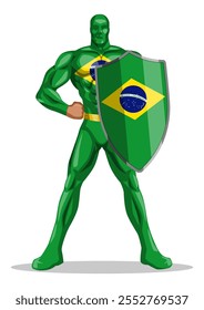 Super-herói muscular usando um traje inspirado nas insígnias dos EUA, de pé heroicamente com um escudo. Conceitos de patriotismo, força e heroísmo na publicidade, ou desenhos em quadrinhos