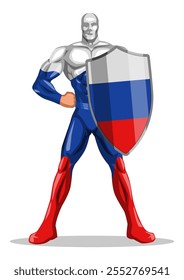 Muscular superhero wearing a costume inspired by the Russian insignia, standing heroically with a shield. Concepts of patriotism, strength, and heroism in advertising, or comic style designs