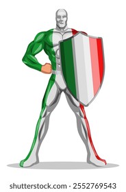 Muscular superhero wearing a costume inspired by the Italian insignia, standing heroically with a shield. Concepts of patriotism, strength, and heroism in advertising, or comic style designs