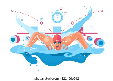 Muscular swimmer in competition swimming pool. Professional butterfly style. Flat. Vector illustration.