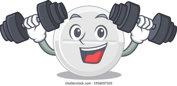 Muscular tablet drug mascot design with barbells during exercise. Vector illustration