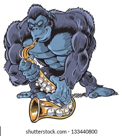 A Muscular Vector Cartoon Gorilla playing a Saxophone.
