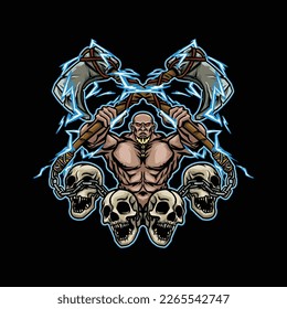 A muscular viking nordic holding axe wraped in thunder with 4 skull around him. streetwear design band merch or tshirt design.