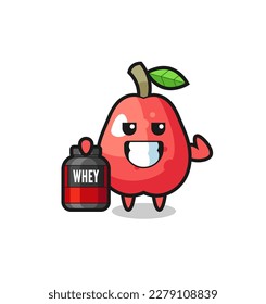 the muscular water apple character is holding a protein supplement , cute style design for t shirt, sticker, logo element