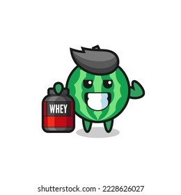 the muscular watermelon character is holding a protein supplement , cute style design for t shirt, sticker, logo element