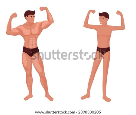 Muscular and weak man. Powerful bodybuilder stands opposite thin character with rickety physique symbol of healthy lifestyle and vector sport