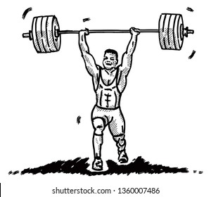 A muscular weightlifter hoisting a barbell over his head. Hand drawn vector illustration. 