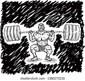 A muscular weightlifter shouldering heavy weights. Hand drawn vector illustration. 