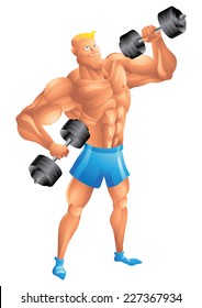 Muscular white guy posing with dumbbells