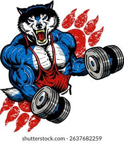 muscular wolf mascot lifting weights for school, college or league sports	