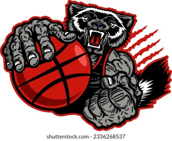 muscular wolverine mascot holding basketball for school, college or league sports