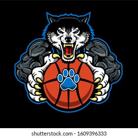 muscular wolves basketball team mascot with ball for school, college or league