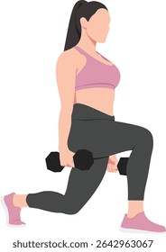 A muscular woman is doing lunges with weights in both hands
