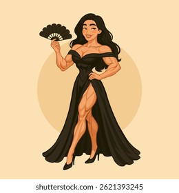 Mulher Muscular no vestido preto elegante com ventilador
