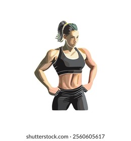 Muscular woman exercising in the gym, vector drawing, fitness sport