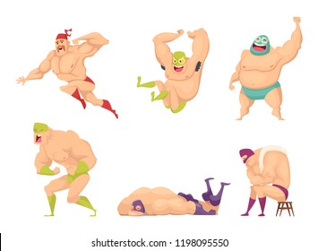 Muscular wrestler. Mma fighter in special costume mexican libre fancy luchador vector people characters isolated. Illustration of fighter man wrestling, strong man in mask