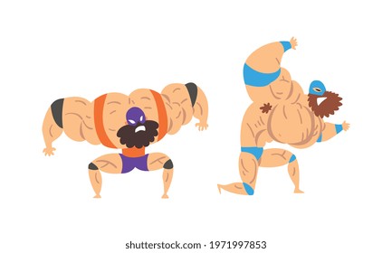 Muscular Wrestler Posing and Striking Engaged in Mixed Martial Arts Fighting Vector Set