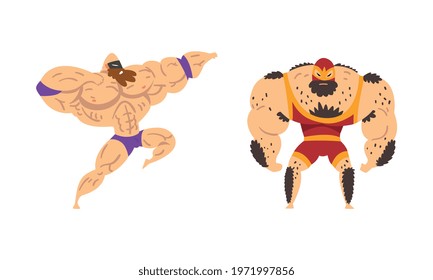 Muscular Wrestler Posing and Striking Engaged in Mixed Martial Arts Fighting Vector Set