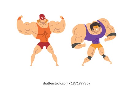 Muscular Wrestler Posing and Striking Engaged in Mixed Martial Arts Fighting Vector Set