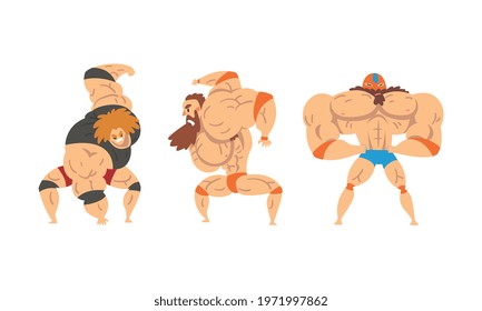 Muscular Wrestler Posing and Striking Engaged in Mixed Martial Arts Fighting Vector Set