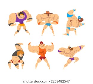 Muscular Wrestler Posing and Striking Engaged in Mixed Martial Arts Fighting Vector Set