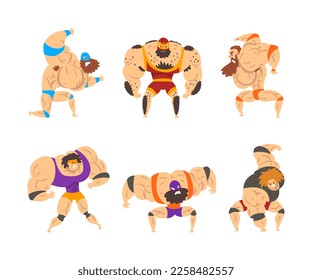 Muscular Wrestler Posing and Striking Engaged in Mixed Martial Arts Fighting Vector Set