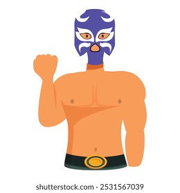 Muscular wrestler wearing a colorful mask raising his fist in a victory pose