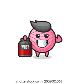 the muscular yarn ball character is holding a protein supplement , cute style design for t shirt, sticker, logo element