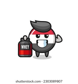 the muscular yemen flag badge character is holding a protein supplement , cute style design for t shirt, sticker, logo element