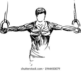  Muscular young adult doing intense workout on gymnastics rings. fitness, sport vector sketch