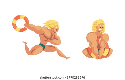 Muscular Young Man Beach Lifeguard Watching and Ensuring Safety, Professional Rescuer Character in Action Set Cartoon Vector Illustration