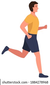 Muscular young man in sports wear running or jogging. Workout excercise. Marathon athlete runner doing sprint outdoor. Simple flat vector illustration sprinter sportsman isolated on white background