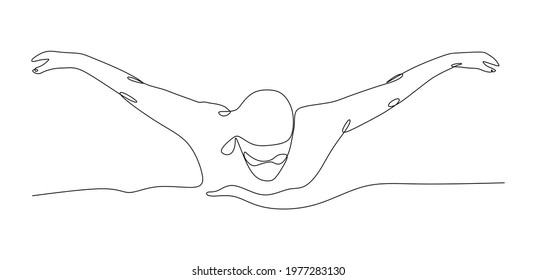 Muscular young man swimming butterfly style in pool - continuous one line drawing