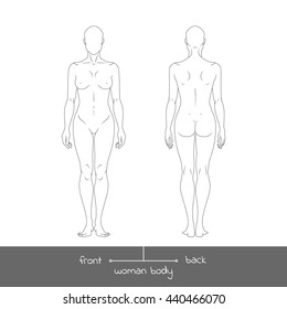 Muscular young woman from front and back view. Healthy female body shapes outline  realistic vector illustration with the inscription: front and back. 