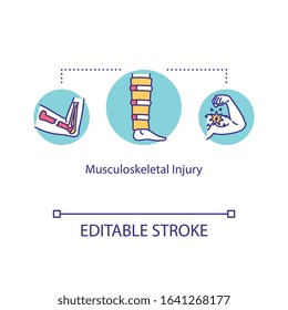 Musculoskeletal Injury Concept Icon. Muscular And Skeletal Systems Damage, Tendon Sprain And Bone Fracture Idea Thin Line Illustration. Vector Isolated Outline RGB Color Drawing. Editable Stroke