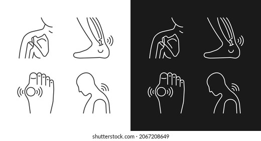 Musculoskeletal pain linear icons set for dark and light mode. Dislocated shoulder. Muscles overstretching. Customizable thin line symbols. Isolated vector outline illustrations. Editable stroke