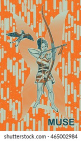 Muse Amazon Archery, vector illustration. Orange background.