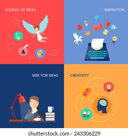 Muse design concept set with source of ideas inspiration creativity flat icons set isolated vector illustration