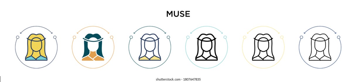 Muse icon in filled, thin line, outline and stroke style. Vector illustration of two colored and black muse vector icons designs can be used for mobile, ui, web