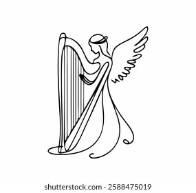 Muse of inspiration angel playing harp  minimalist line drawing  one continuous line  celestial 