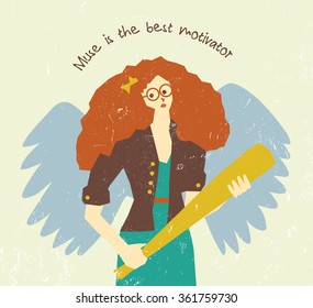 Muse motivation art work pretty woman with wings. Color vector illustration. EPS8