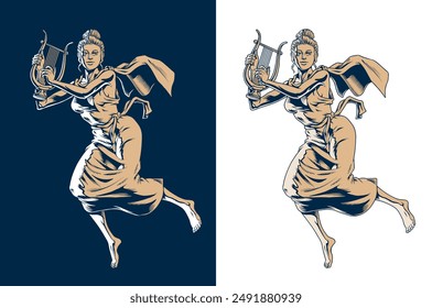 Muse playing the lyre. Greek goddess Terpsichore or Calliope, young woman in dress soaring, isolated on the white background. Classic music, poetry, dance or theater concept. Vector illustration.