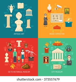 Museum 2x2 design concept set of antique art elements inside exposition visitors and caretakers flat vector illustration 