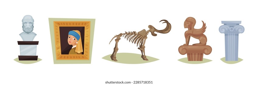 Museum Ancient Artifacts and Archaeological Exhibit Elements Vector Set